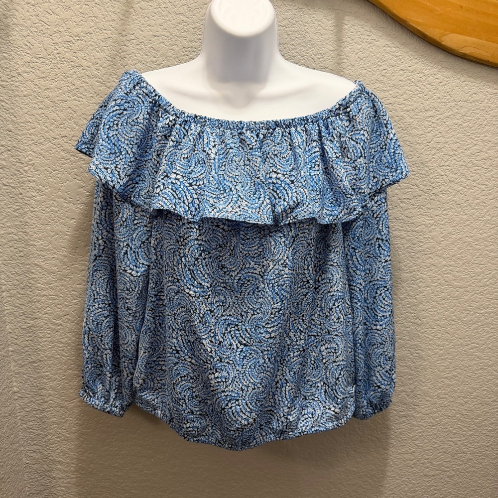 Michael Kors Grecian Blue Off The Shoulder Ruffle Blouse Top Size S Boho Peasant